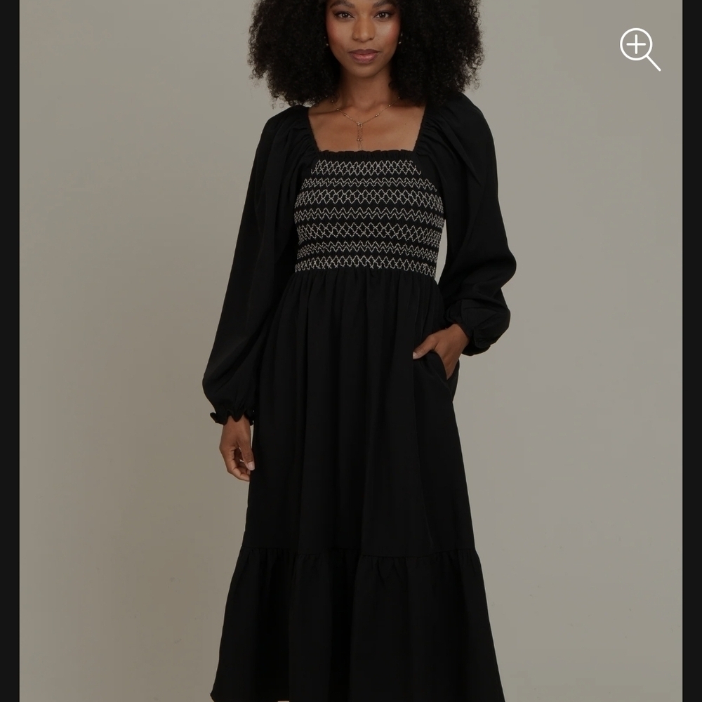 by February. Designed in Los Angeles. Black Contrast Smocked Balloon Sleeve Midi